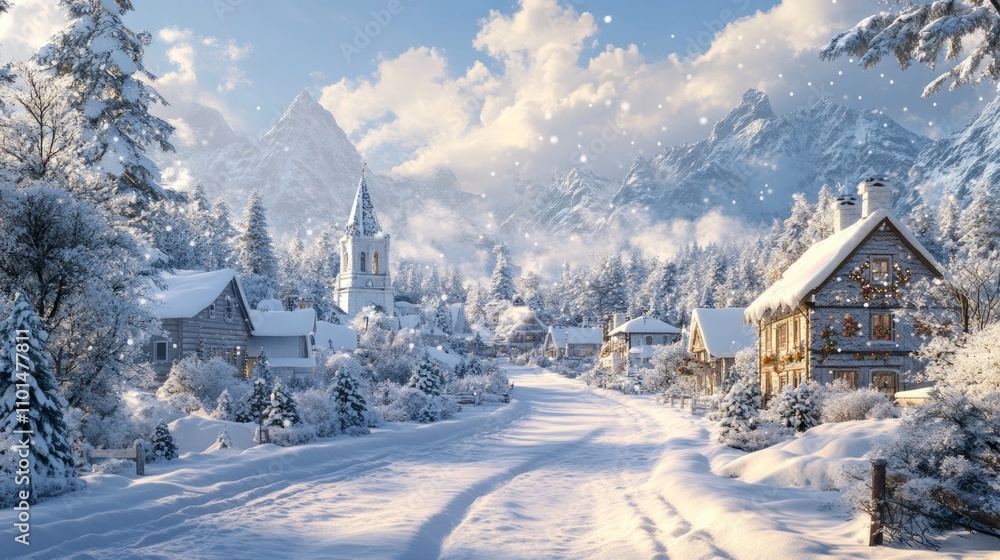A serene winter landscape featuring snow-covered homes and mountains under a cloudy sky. A serene winter landscape featuring snow-covered homes and mountains under a cloudy sky.