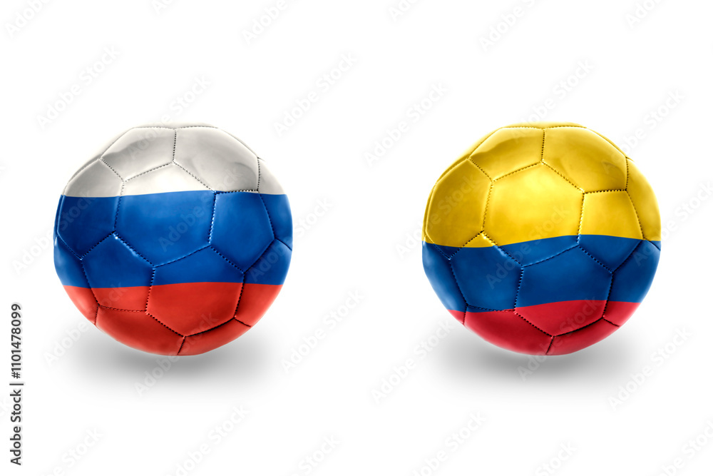 football balls with national flags of russia and colombia ,soccer teams. on the white background. football balls with national flags of russia and colombia ,soccer teams. on the white background.