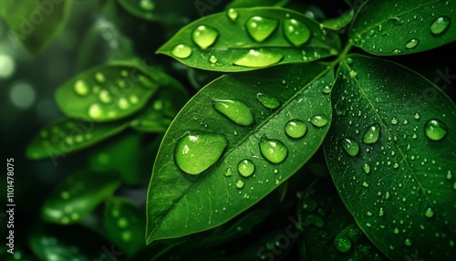 Dew-kissed leaves create a serene green backdrop.