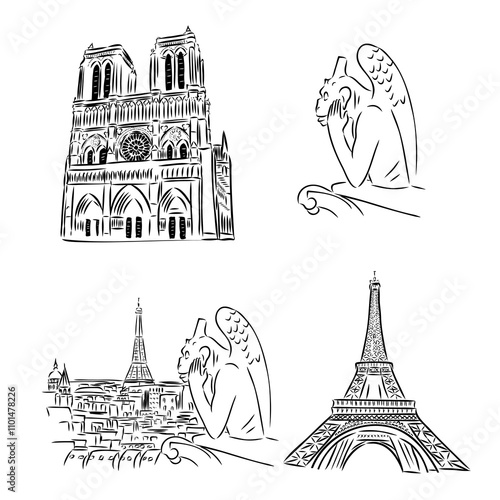 Eiffel tower in France straight view, doodle line sketch,