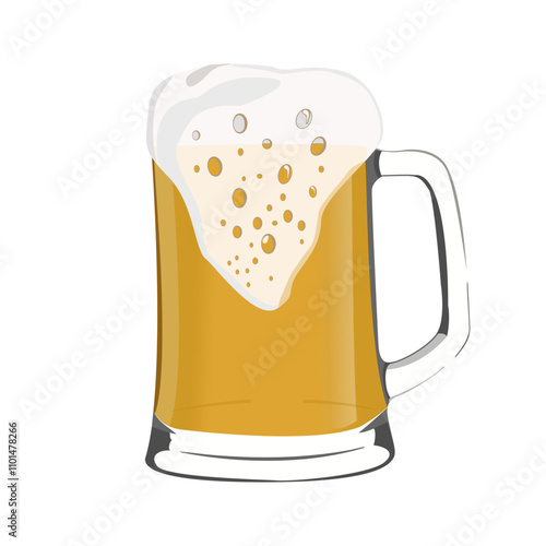 Vector illustration of beer mug with foam and bubbles. Image of alcoholic drink from malt and barley isolated on white background. Card for invitations.