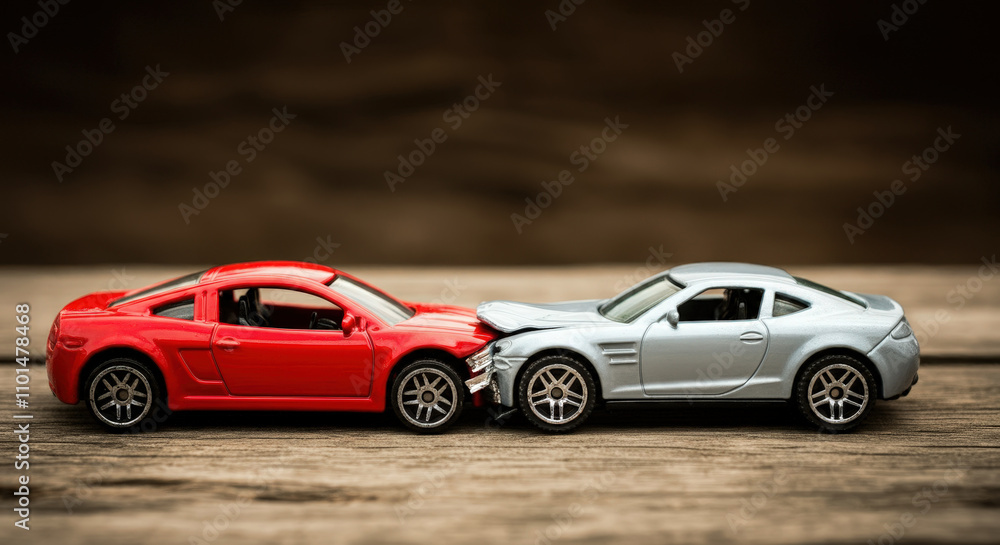 Naklejka premium A traffic accident between two toy cars: a head-on collision of a red car and a silver car.