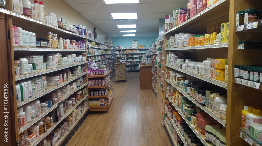 Health food store aisle displays various products Health food store aisle displays various products