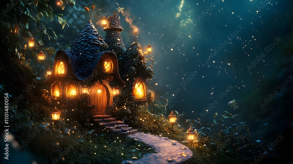 Obraz premium Enchanting Fairy House nestled in a magical forest at night