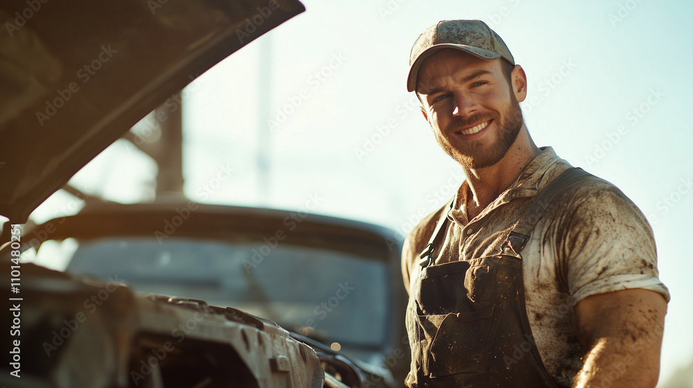 Smiling Mechanic Working on Car Repairs with Open Hood Smiling Mechanic Working on Car Repairs with Open Hood
