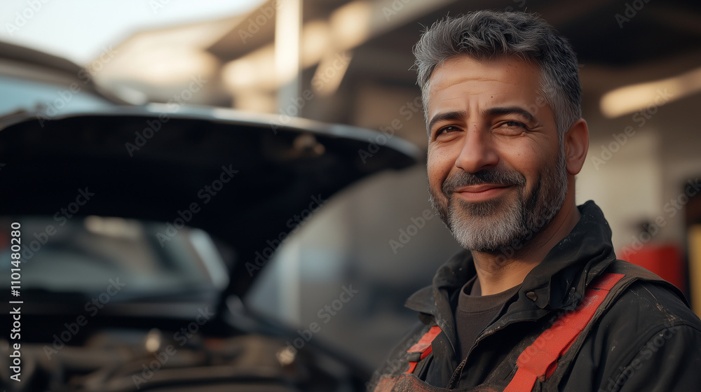 Smiling Mechanic Working on Car Repairs with Open Hood Smiling Mechanic Working on Car Repairs with Open Hood
