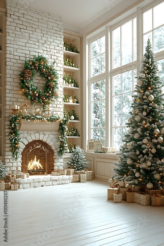 Family singing Christmas carols in a festive living room on a white background