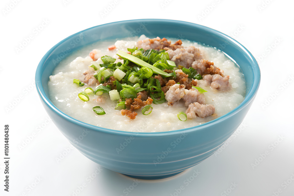 Congee topped with Minced pork with green onions in blue bowl, On isolated white background. Clipping path.png Congee topped with Minced pork with green onions in blue bowl, On isolated white background. Clipping path.png