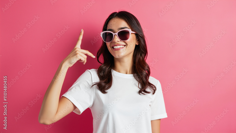 Stylish Woman in White Top and Sunglasses on Pink Background: Perfect for Fashion Ads and Retail Promotions Stylish Woman in White Top and Sunglasses on Pink Background: Perfect for Fashion Ads and Retail Promotions