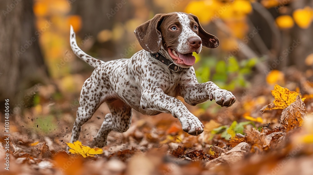 Happy brown and white puppy dog running through autumn leaves in the forest. Happy brown and white puppy dog running through autumn leaves in the forest.