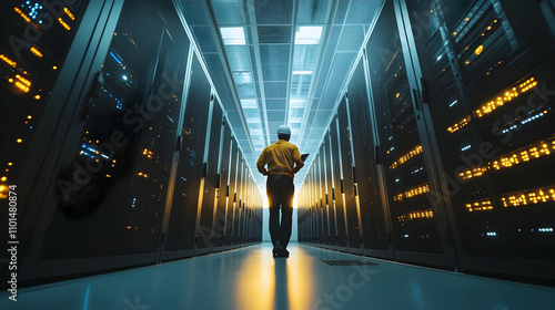 A person walks through a dimly lit data center filled with server racks, highlighting the blend of technology and human presence in a digital environment.