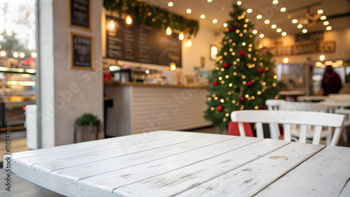 Empty white wooden table with blur background of coffee cafe, Christmas decorated