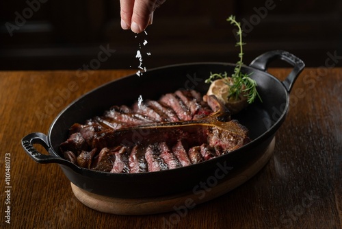 A hand sprinkles salt over a sliced, medium-rare steak in a black cast iron pan with handles, garnished with a sprig of rosemary and a roasted garlic bulb, on a wooden table. photo