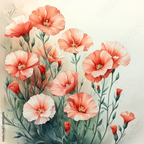Wallpaper Mural A beautiful watercolor illustration of blooming flowers in shades of coral and pink. Torontodigital.ca