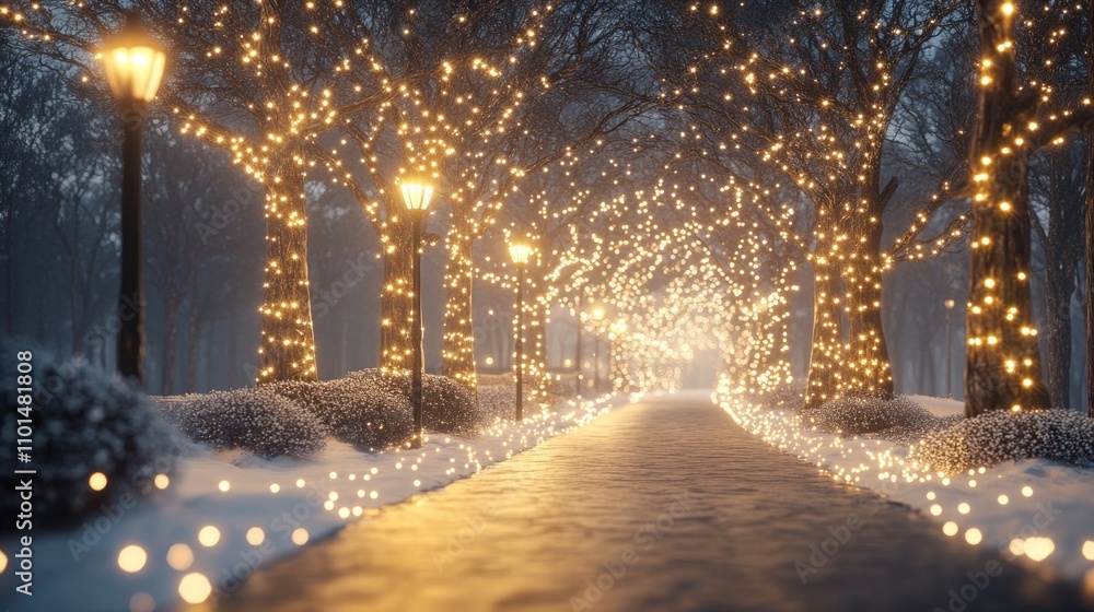 A snowy pathway adorned with glowing lights, creating a magical winter atmosphere. A snowy pathway adorned with glowing lights, creating a magical winter atmosphere.