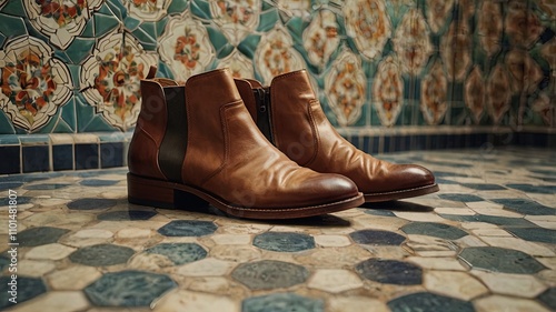 Ankle boots against a retro tile background, quiet luxury. Brown shoes photo