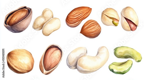 Watercolor painting set of nuts,pistachios,Almond,cashew nuts,hazelnut,Different types of nut isolated,food clipart,Macro concept of nuts and seeds,nut collection,space for text.