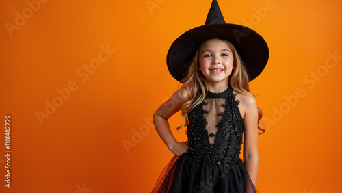 Stylish Young Girl in Trendy Black Witch Costume: Perfect for Halloween Fashion Campaigns and Seasonal Marketing