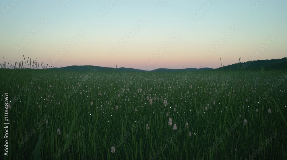 Fototapeta premium A serene landscape showcasing a field of grass with distant hills under a twilight sky.