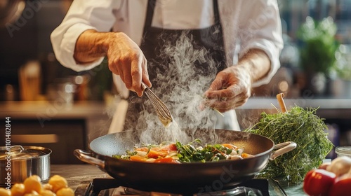 Chef cooking fresh ingredients with steam rising in a kitchen photo