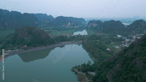 Vietnam 4K Drone sunset aerial moutains lake water ricefield photo