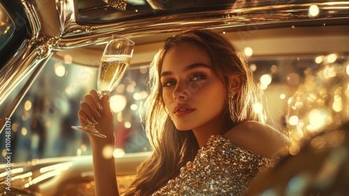 A woman is sitting in a car and holding a glass of champagne. Concept of celebration and luxury, as the woman is dressed in a fancy outfit and is enjoying a drink