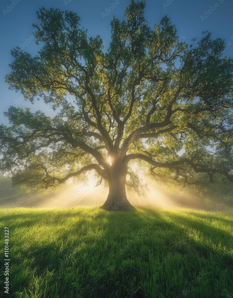 Majestic Tree Illuminated by Morning Light with Soft Fog, Radiant Sunbeams Piercing Through Lush Green Leaves and Grassy Meadow Below Majestic Tree Illuminated by Morning Light with Soft Fog, Radiant Sunbeams Piercing Through Lush Green Leaves and Grassy Meadow Below