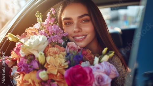 Fototapeta Naklejka Na Ścianę i Meble -  A woman is sitting in a car with a bouquet of flowers in her lap. She is smiling and she is happy