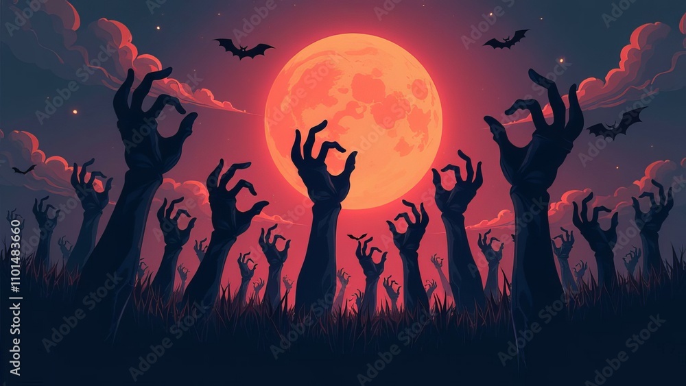 Zombie hands are rising from the grave at the night of Halloween Zombie hands are rising from the grave at the night of Halloween