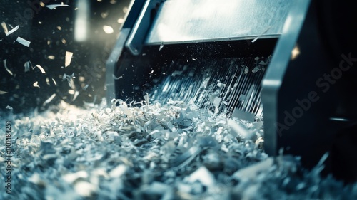 A shredder is shown with a pile of shredded paper on the floor. Concept of destruction and waste
