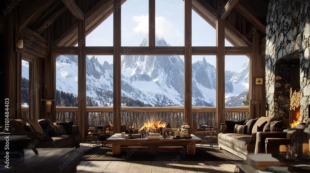 Cozy cabin interior with stunning mountain view, fireplace, and comfortable furniture. Cozy cabin interior with stunning mountain view, fireplace, and comfortable furniture.