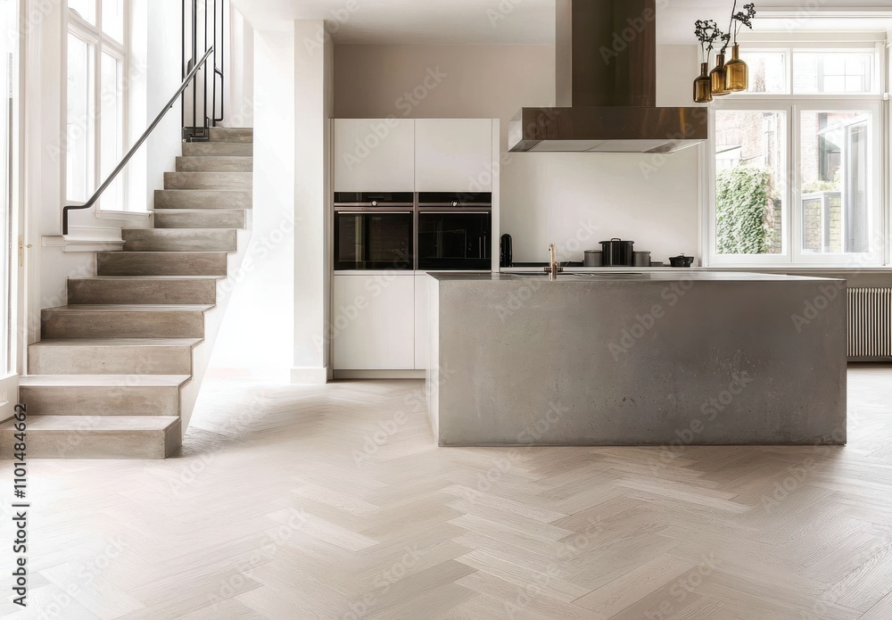 Modern Kitchen Interior with Minimalist Design, Bright Natural Light, Sleek Concrete Island, Elegant Wooden Flooring, Open Space Concept, Contemporary Architecture Modern Kitchen Interior with Minimalist Design, Bright Natural Light, Sleek Concrete Island, Elegant Wooden Flooring, Open Space Concept, Contemporary Architecture