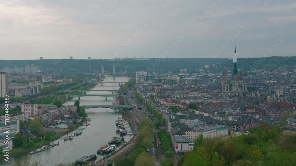 Rouen City, Seine River, Bridges And Rouen Cathedral In Normandy, France. - wide shot Rouen City, Seine River, Bridges And Rouen Cathedral In Normandy, France. - wide shot