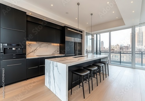 Modern Kitchen Interior with Sleek Black Cabinets and Marble Island in Bright Urban Apartment with Large Windows and City Views