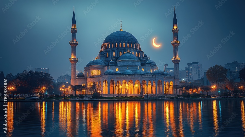 Fototapeta premium A serene mosque illuminated at dusk, reflecting in water with a crescent moon above.