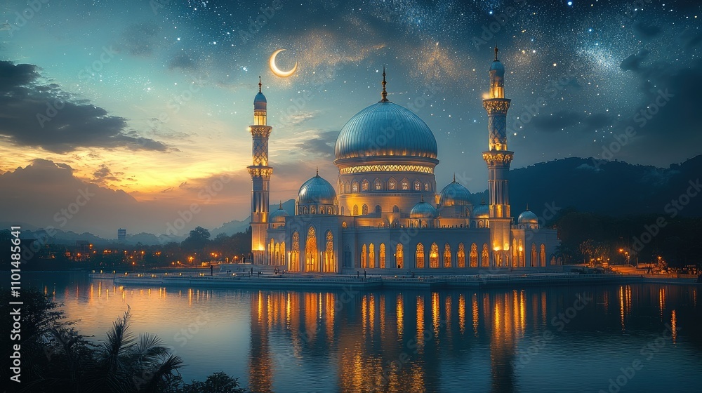 Obraz premium A serene mosque illuminated at dusk, reflecting on water under a starry sky.