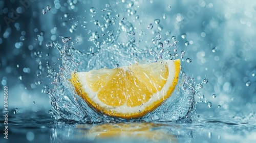 Lemon slice splashing into water with vibrant droplets photo