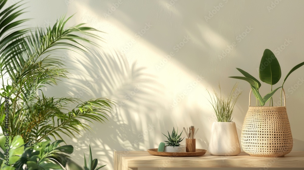 Obraz premium Modern interior with natural decor and leafy plants
