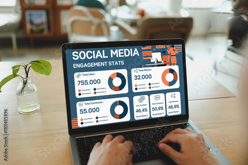 Laptop screen displaying social media analytics dashboard with engagement metrics showing performance statistics across multiple platforms with minimalist plant decor. photo