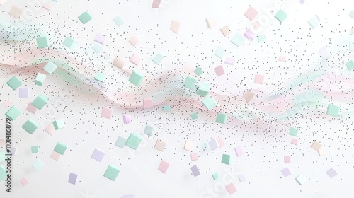 Geometric confetti pattern with small squares and hexagons in soft pastels like mint, blush pink, and lavender, arranged in a wave-like motion on a white background photo