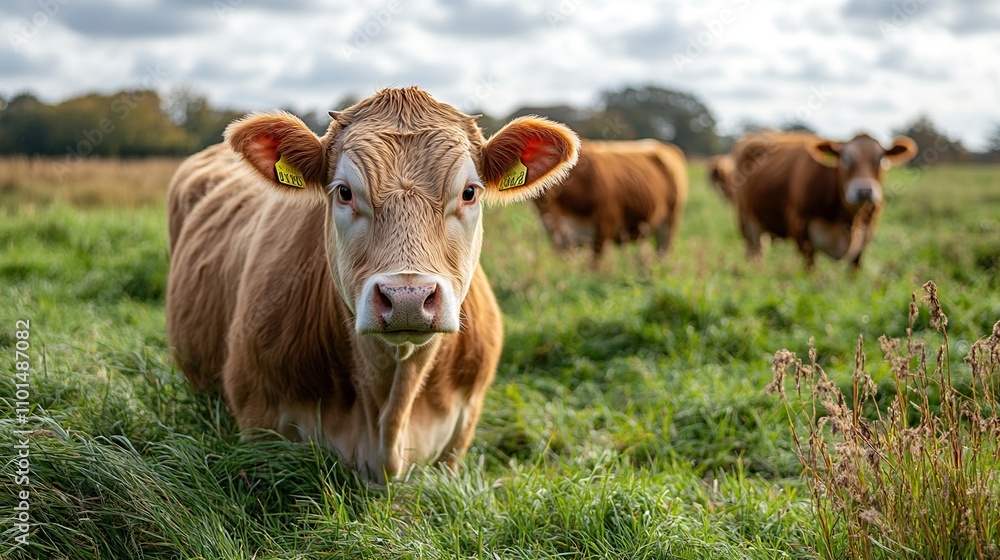 Brown cow in pasture, looking at camera, two other cows blurred in background. Brown cow in pasture, looking at camera, two other cows blurred in background.