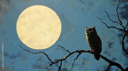A painting of a large moon and an owl perched on a branch