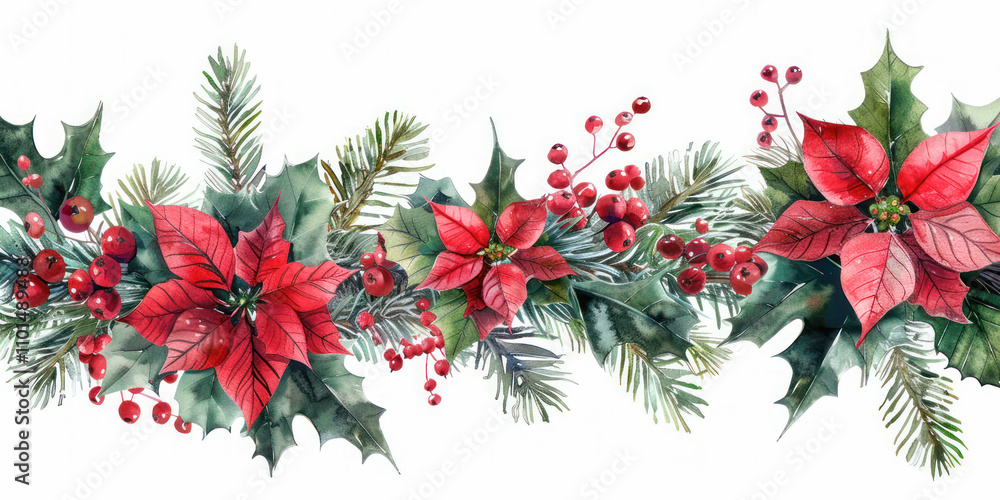 Watercolor style illustration of red poinsettias, holly leaves, berries, fir branches, and ornaments in a festive garland. Watercolor style illustration of red poinsettias, holly leaves, berries, fir branches, and ornaments in a festive garland.