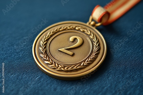 Medal on a ribbon for second place on a blue background. Medal for sports competitions. Copy space photo