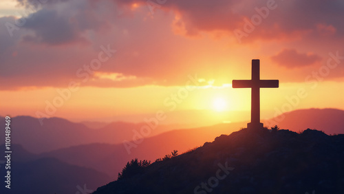 Silhouette of Christian Cross on Mountain at Sunset: Inspiring Faith-Based Design for Church Marketing photo