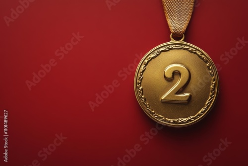 Medal on a ribbon for second place on a red background. Medal for sports competitions. Copy space photo