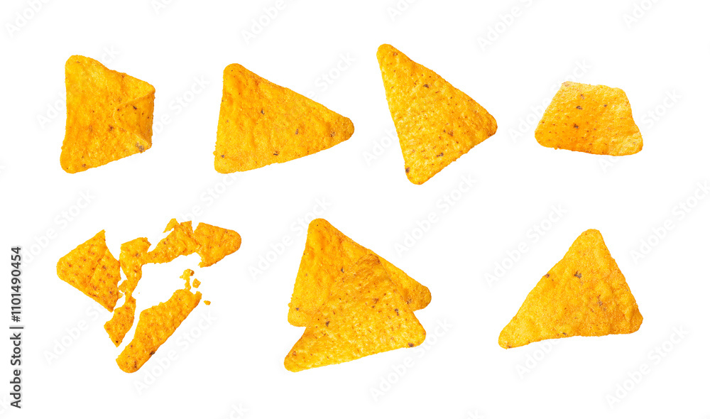 Nachos Chips Isolated, Mexican Triangle Corn Chips for Nacho Tortilla, Maize Snack, Nachos on White Background Nachos Chips Isolated, Mexican Triangle Corn Chips for Nacho Tortilla, Maize Snack, Nachos on White Background