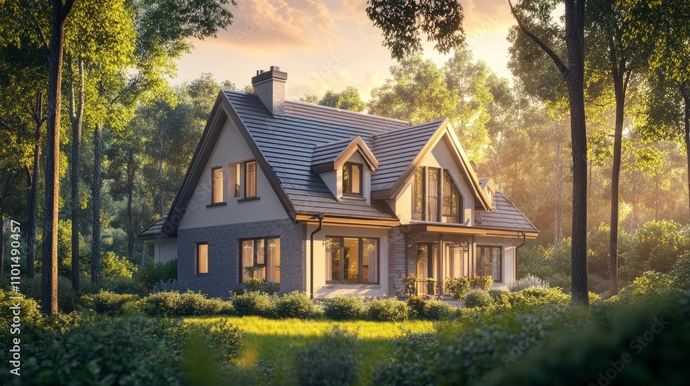 A newly built house with dormer windows emerging from a neatly shingled roof, surrounded by greenery and soft natural light A newly built house with dormer windows emerging from a neatly shingled roof, surrounded by greenery and soft natural light