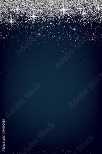 Dark blue Christmas card with silver shiny dots, stars and copy space