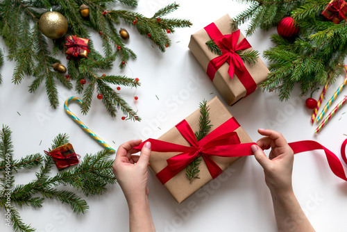 Christmas gift wrapping using eco-friendly materials and pine branches. Tying a gift box with a red ribbon
